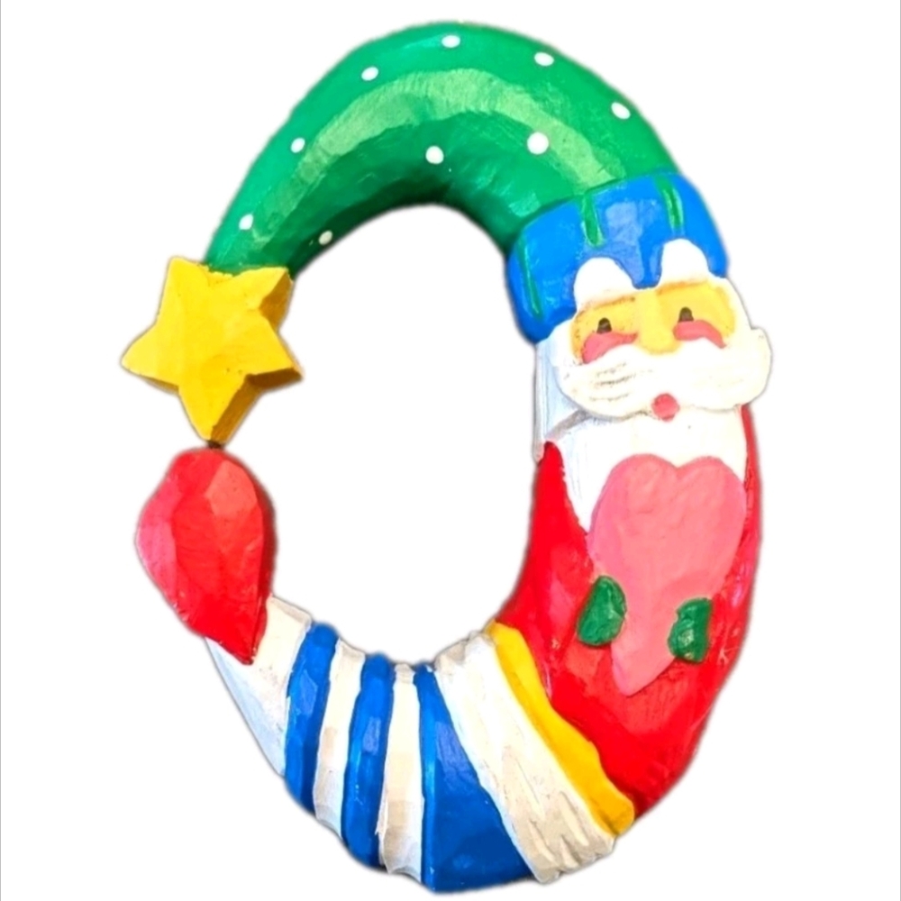 Handmade Carved Wooden Crescent Santa Christmas Ornament Hand Painted Moon 5"